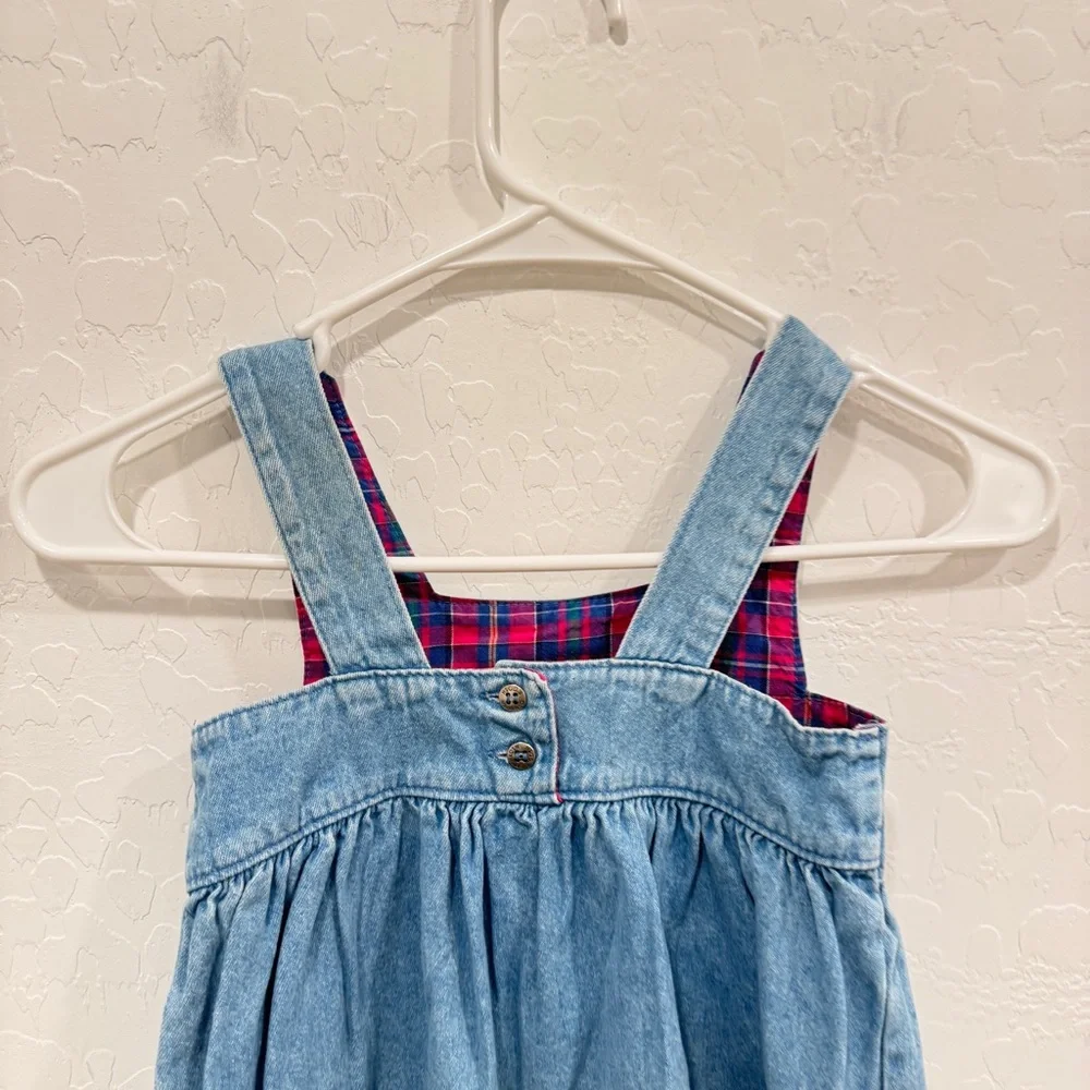 Vintage OshKosh B'gosh Blue Denim Overall Dress Gorls 3T Plaid Hearts Cotton